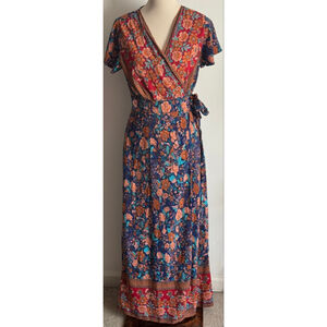 Women's PRETTYGARDEN Blue Orange Floral Wrap Maxi Dress L